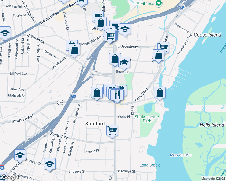 map of restaurants, bars, coffee shops, grocery stores, and more near 2021 Main Street in Stratford
