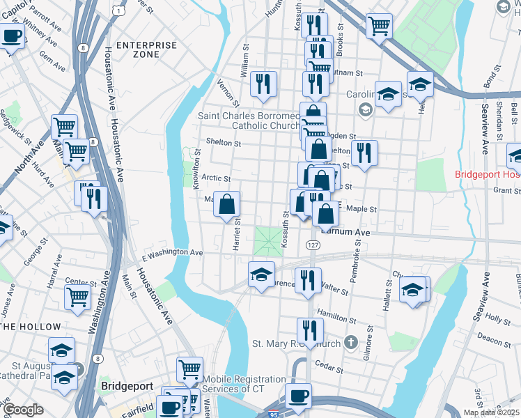 map of restaurants, bars, coffee shops, grocery stores, and more near 289 Maple Street in Bridgeport