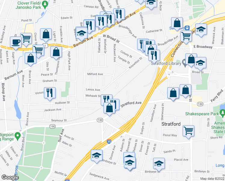 map of restaurants, bars, coffee shops, grocery stores, and more near 170 Knowlton Street in Stratford