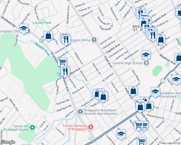 map of restaurants, bars, coffee shops, grocery stores, and more near 621 Cleveland Avenue in Bridgeport