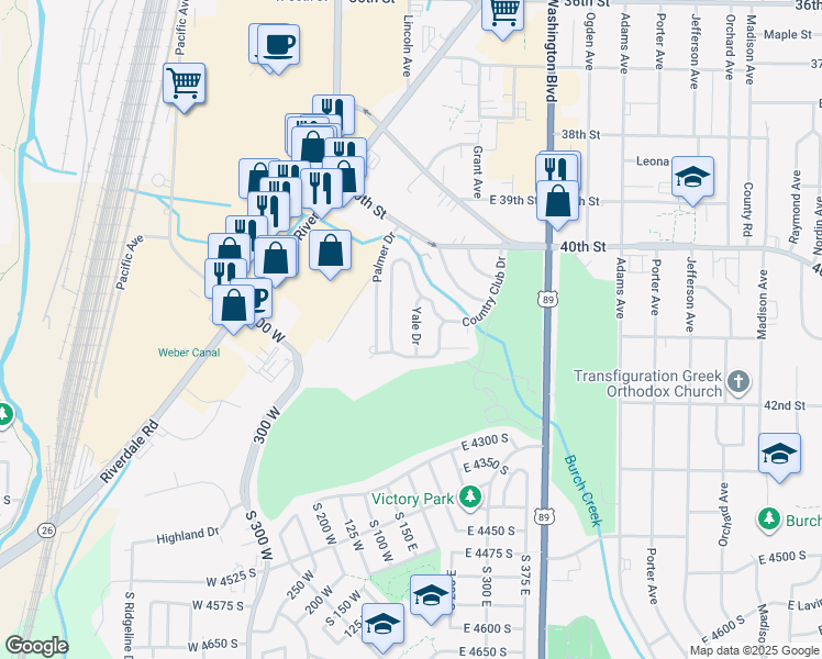 map of restaurants, bars, coffee shops, grocery stores, and more near 13 Yale Drive in South Ogden