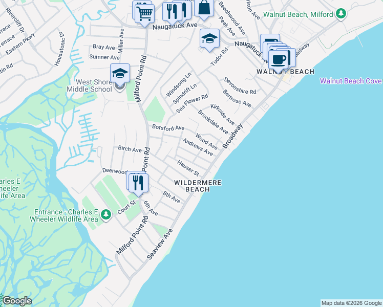 map of restaurants, bars, coffee shops, grocery stores, and more near 61 Wildwood Avenue in Milford