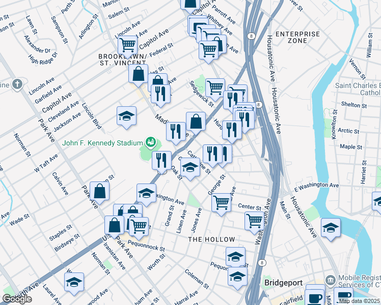 map of restaurants, bars, coffee shops, grocery stores, and more near 486 Catherine Street in Bridgeport