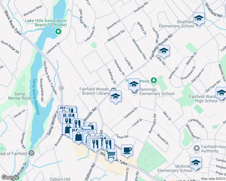 map of restaurants, bars, coffee shops, grocery stores, and more near 1115 Fairfield Woods Road in Fairfield