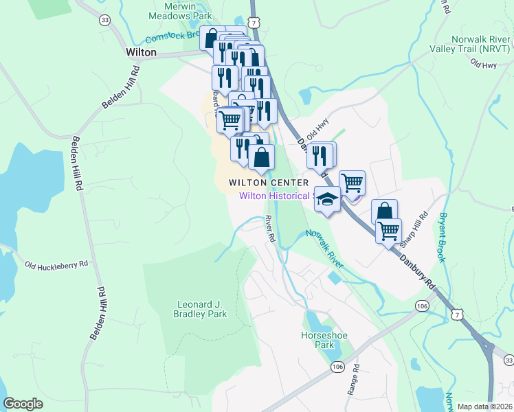 map of restaurants, bars, coffee shops, grocery stores, and more near 77 River Road in Wilton