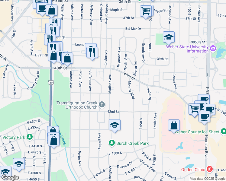 map of restaurants, bars, coffee shops, grocery stores, and more near 4098 Madison Avenue in South Ogden