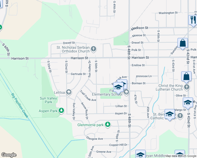 map of restaurants, bars, coffee shops, grocery stores, and more near 7106 South 49th Avenue Circle in Omaha