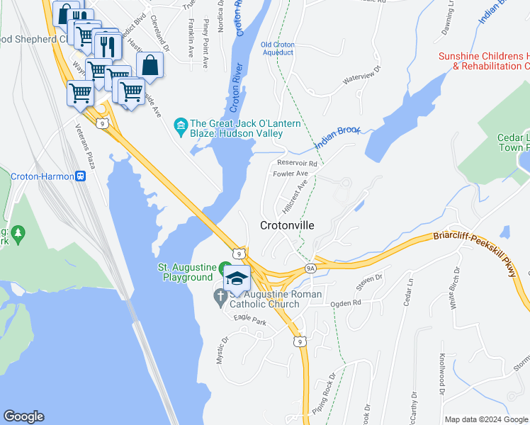 map of restaurants, bars, coffee shops, grocery stores, and more near 38 Old Albany Post Road in Ossining