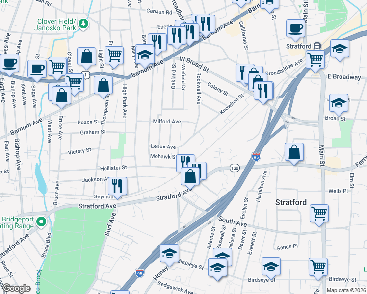 map of restaurants, bars, coffee shops, grocery stores, and more near 115 Knowlton Street in Stratford