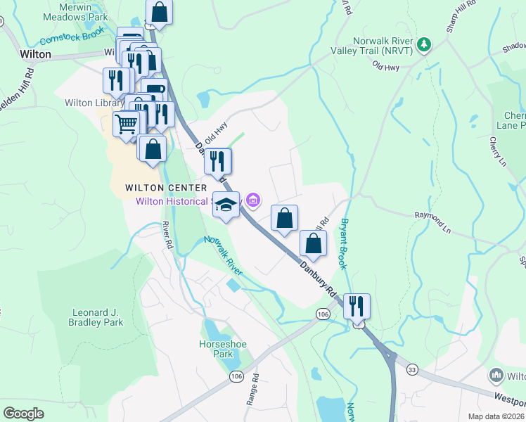 map of restaurants, bars, coffee shops, grocery stores, and more near 7 Deerfield Road in Wilton