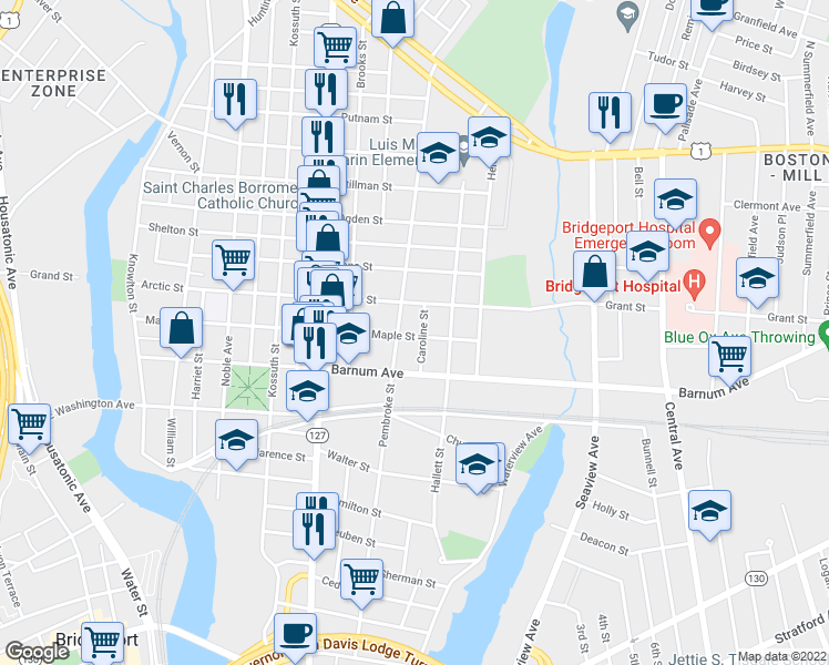 map of restaurants, bars, coffee shops, grocery stores, and more near 653 Maple Street in Bridgeport