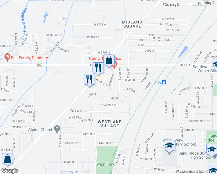 map of restaurants, bars, coffee shops, grocery stores, and more near 4147 South 2725 West in Roy