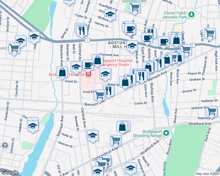 map of restaurants, bars, coffee shops, grocery stores, and more near 464 Grant Street in Bridgeport