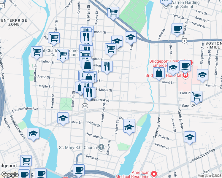 map of restaurants, bars, coffee shops, grocery stores, and more near 1048 Pembroke Street in Bridgeport