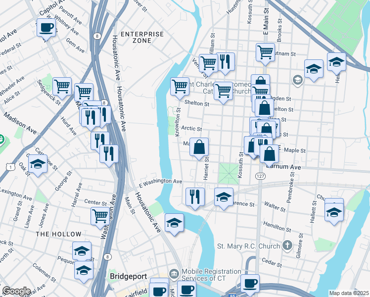 map of restaurants, bars, coffee shops, grocery stores, and more near 337 Knowlton Street in Bridgeport
