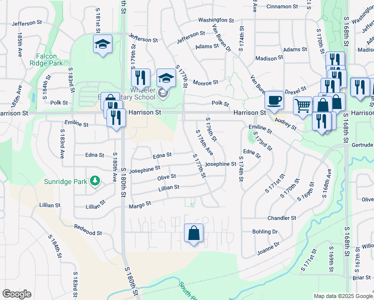 map of restaurants, bars, coffee shops, grocery stores, and more near 7105 South 177th Street in Omaha