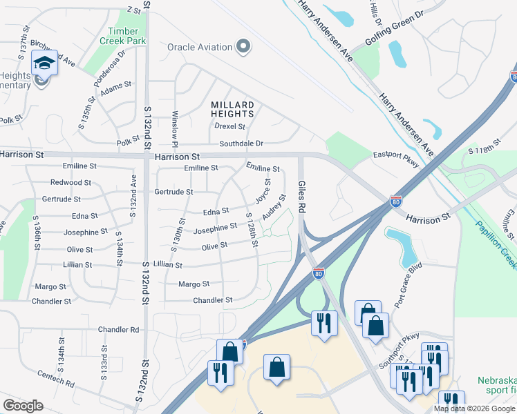 map of restaurants, bars, coffee shops, grocery stores, and more near 7109 Joyce Street in Omaha