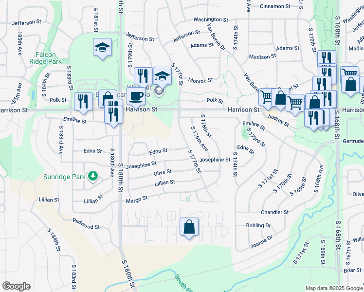 map of restaurants, bars, coffee shops, grocery stores, and more near 7105 South 177th Street in Omaha