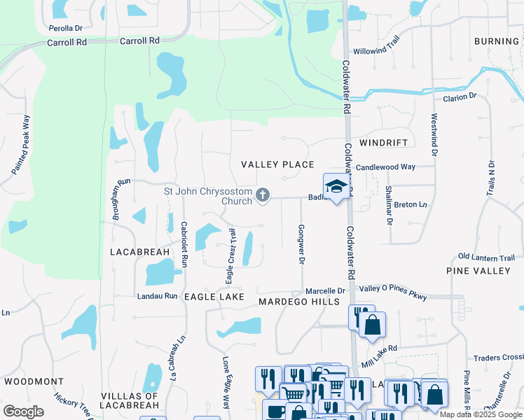 map of restaurants, bars, coffee shops, grocery stores, and more near 402 Badiac Road in Fort Wayne