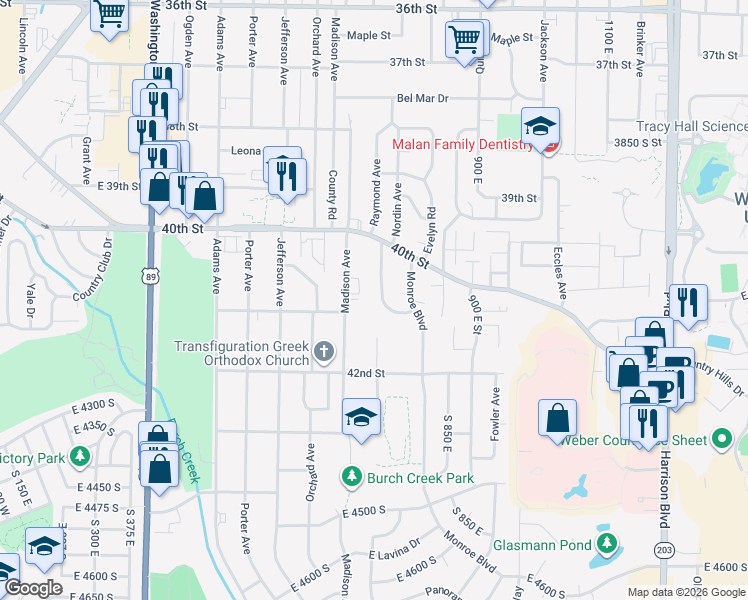 map of restaurants, bars, coffee shops, grocery stores, and more near 4075 Liberty Avenue in Ogden