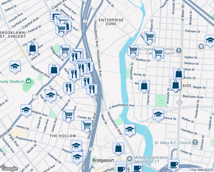 map of restaurants, bars, coffee shops, grocery stores, and more near 552 Housatonic Avenue in Bridgeport