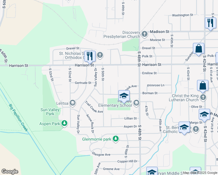 map of restaurants, bars, coffee shops, grocery stores, and more near 7114 South 49th Avenue Circle in Omaha