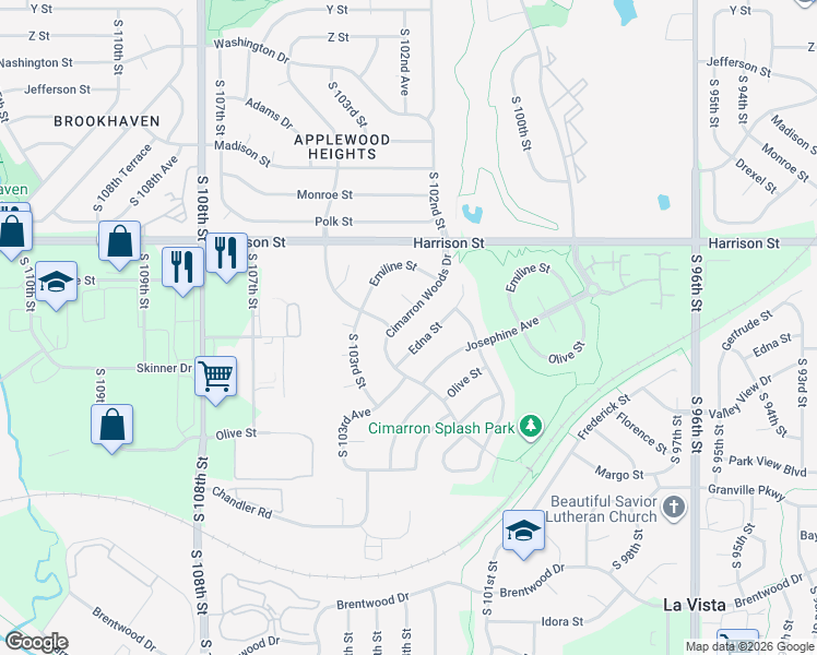 map of restaurants, bars, coffee shops, grocery stores, and more near 10243 Cimarron Woods Drive in La Vista