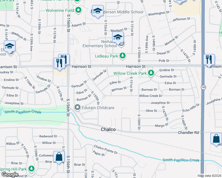 map of restaurants, bars, coffee shops, grocery stores, and more near 15136 Borman Street in Omaha