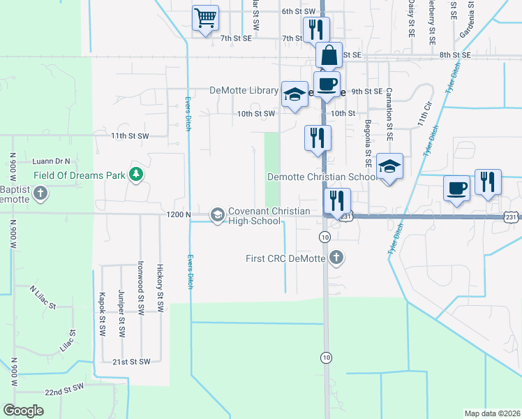 map of restaurants, bars, coffee shops, grocery stores, and more near 1425 Cedar Street Southwest in De Motte