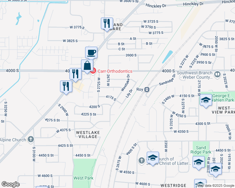 map of restaurants, bars, coffee shops, grocery stores, and more near 4155 Westlake Drive in Roy
