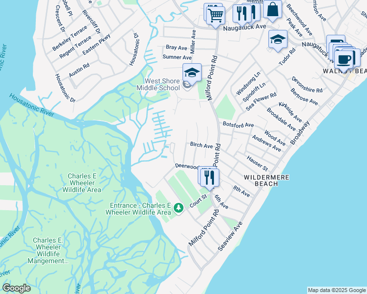 map of restaurants, bars, coffee shops, grocery stores, and more near 66 Birch Avenue in Milford