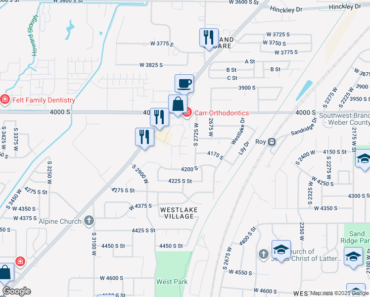 map of restaurants, bars, coffee shops, grocery stores, and more near 4147 South 2725 West in Roy