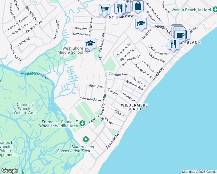 map of restaurants, bars, coffee shops, grocery stores, and more near 410 Milford Point Road in Milford