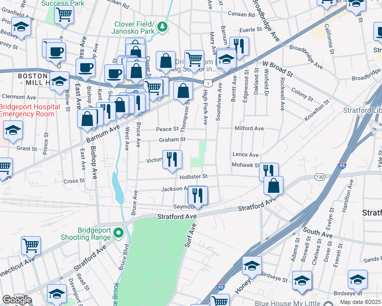 map of restaurants, bars, coffee shops, grocery stores, and more near 121 Liberty Street in Stratford