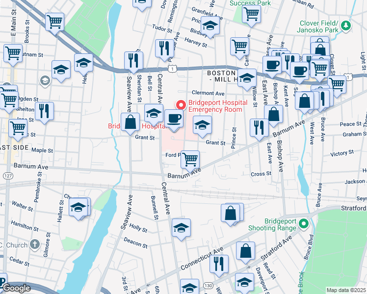 map of restaurants, bars, coffee shops, grocery stores, and more near 142 Mill Hill Avenue in Bridgeport