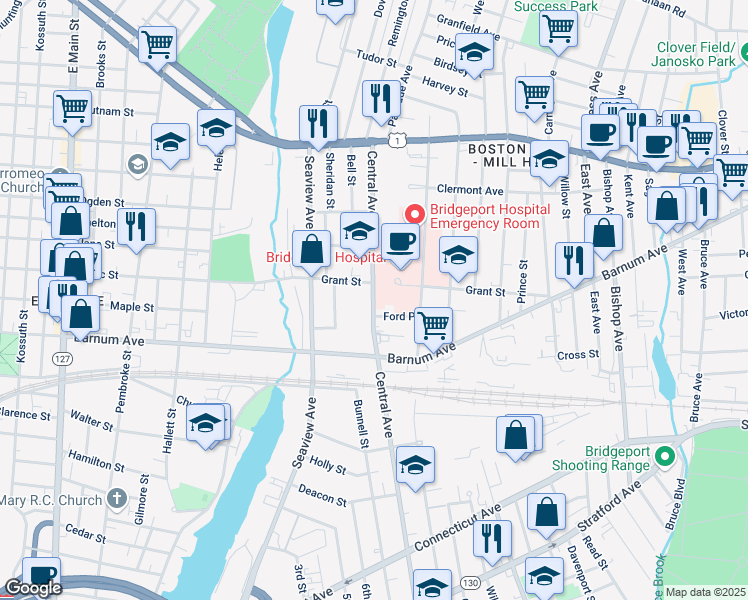 map of restaurants, bars, coffee shops, grocery stores, and more near 300 Grant Street in Bridgeport