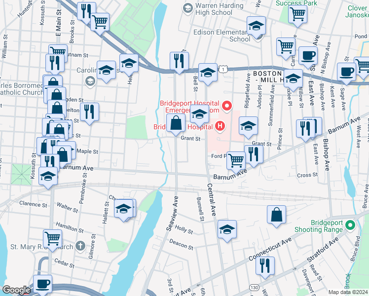 map of restaurants, bars, coffee shops, grocery stores, and more near 1880 Seaview Avenue in Bridgeport