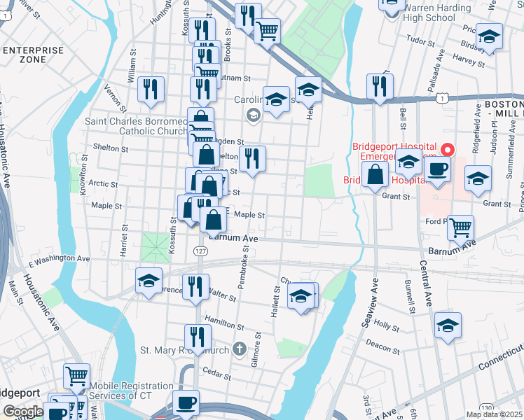 map of restaurants, bars, coffee shops, grocery stores, and more near 1048 Pembroke Street in Bridgeport