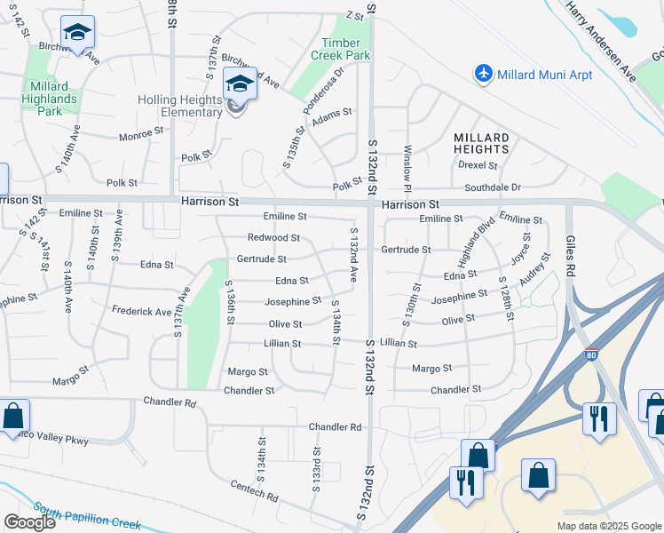 map of restaurants, bars, coffee shops, grocery stores, and more near 13307 Gertrude Street in Omaha