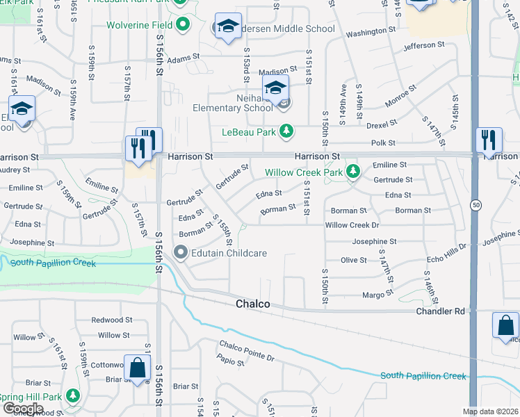 map of restaurants, bars, coffee shops, grocery stores, and more near 15136 Borman Street in Omaha