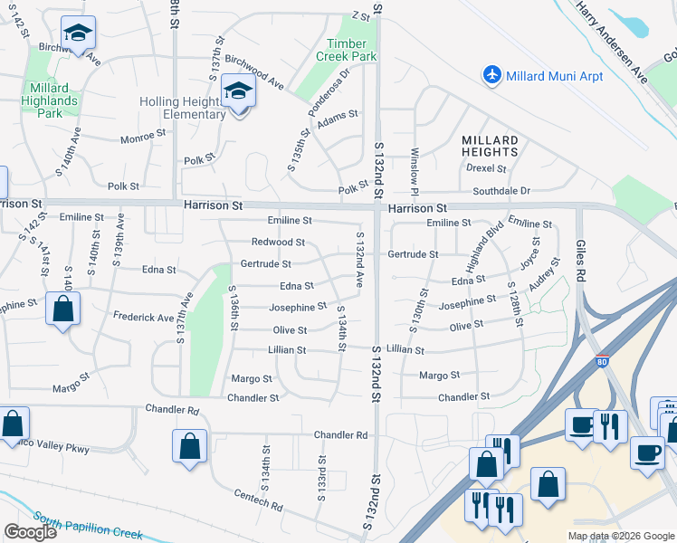 map of restaurants, bars, coffee shops, grocery stores, and more near 13307 Gertrude Street in Omaha