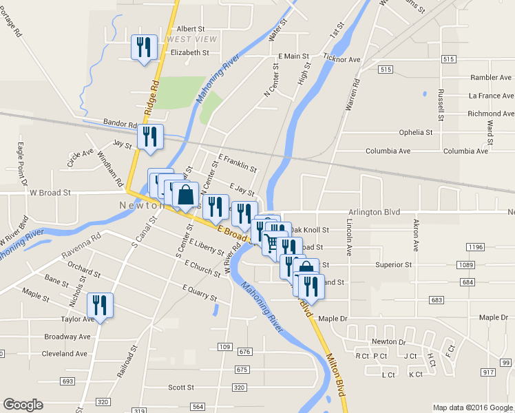 map of restaurants, bars, coffee shops, grocery stores, and more near 77 Bridge Street in Newton Falls