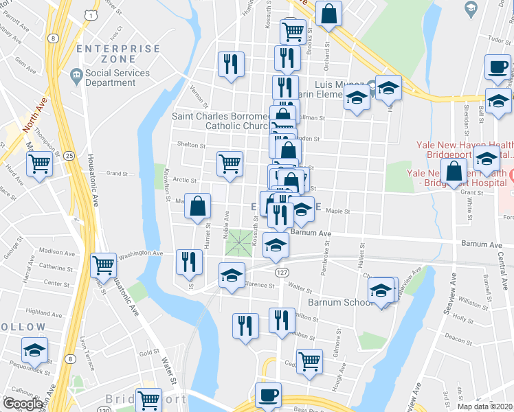 map of restaurants, bars, coffee shops, grocery stores, and more near 722 Kossuth Street in Bridgeport