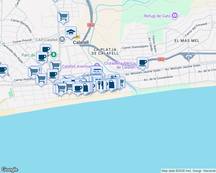 map of restaurants, bars, coffee shops, grocery stores, and more near 97 Carrer de Vilamar in Calafell