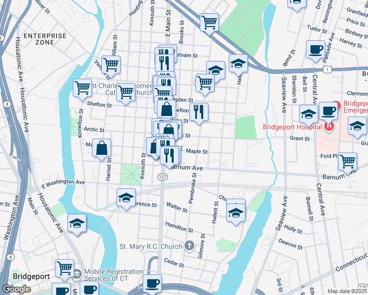 map of restaurants, bars, coffee shops, grocery stores, and more near 543 Maple Street in Bridgeport