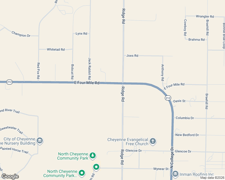map of restaurants, bars, coffee shops, grocery stores, and more near 7604 Ridge Road in Cheyenne