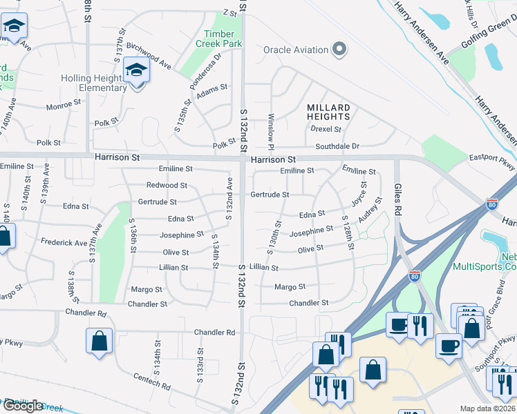 map of restaurants, bars, coffee shops, grocery stores, and more near 13110 Edna Street in Omaha