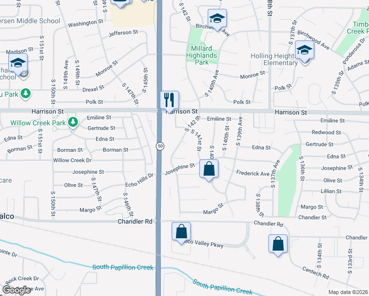 map of restaurants, bars, coffee shops, grocery stores, and more near 14111 Edna Circle in Omaha