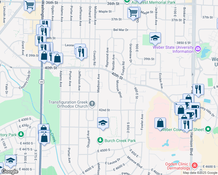 map of restaurants, bars, coffee shops, grocery stores, and more near 4075 Liberty Avenue in Ogden