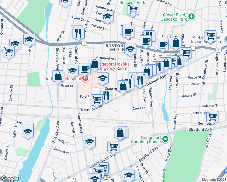 map of restaurants, bars, coffee shops, grocery stores, and more near 464 Grant Street in Bridgeport